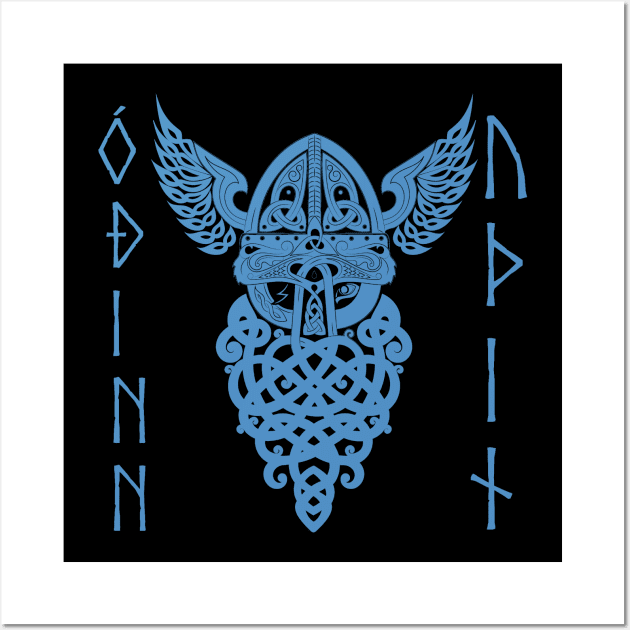 Odin Norse God Runes Pagan Viking Mythology Allfather Blue Wall Art by Blue Pagan